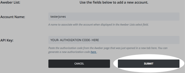 Back in your Divi account, add your login name and paste the authorization code in API Key space and click Submit
