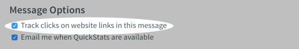 Track clicks on website links in this message toggle checked under Message Options section