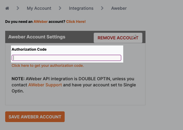 Add the authorization code into your account