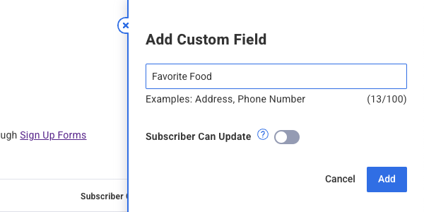Enter a new custom field name in the text box