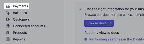Payments tab in Stripe