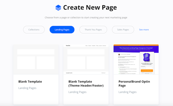 Select landing page template