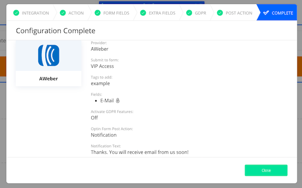 Complete steps and Close