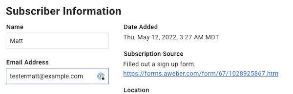 Subscriber Information section, Subscription Source with Add URL populated