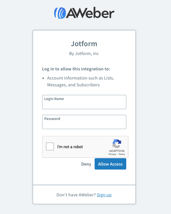 Fill out AWeber credentials and click Allow Access