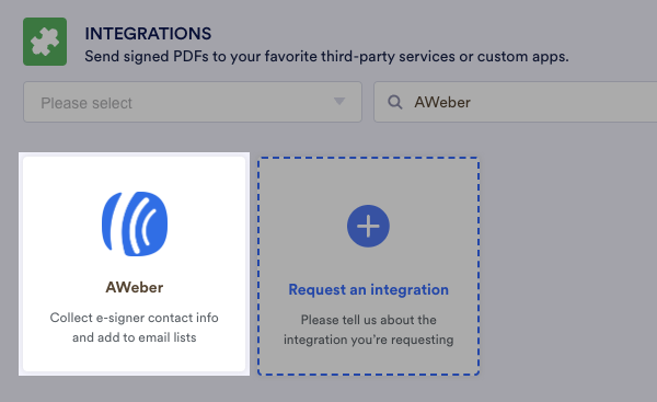 Search or find the AWeber integration in the list of integrations