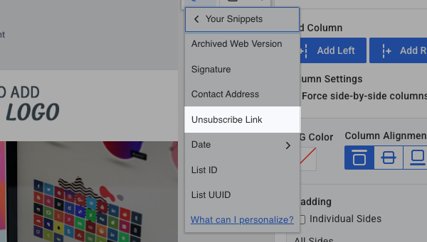 Unsubscribe Link menu option