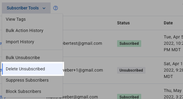 Under Subscriber Tools dropdown click Delete Unsubscribed