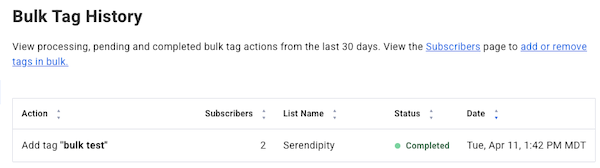 Bulk Tag History page