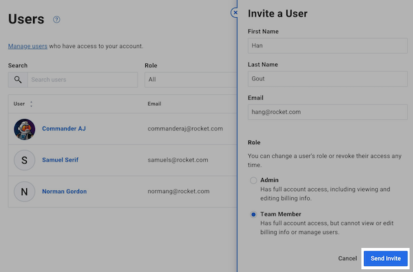 Add user and click Send Invite