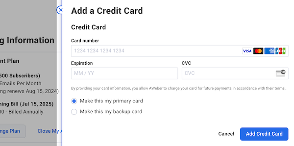 Add Credit Card menu