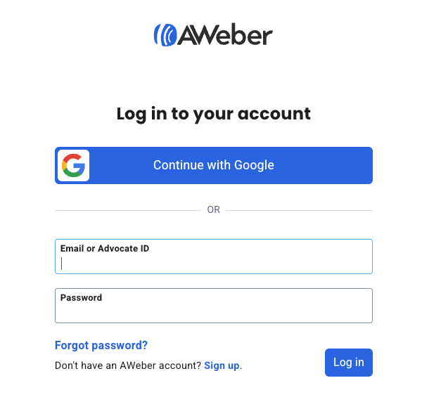 AWeber login screen