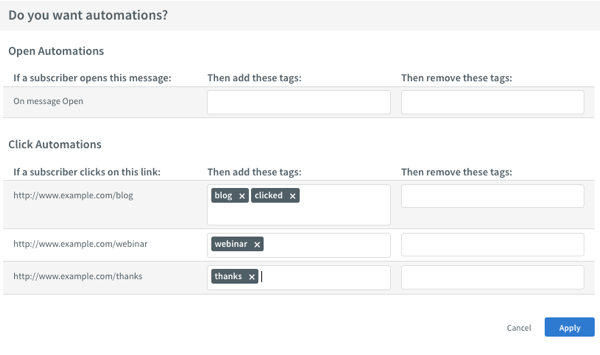 how do i add a link clicked automation to my broadcast aweber