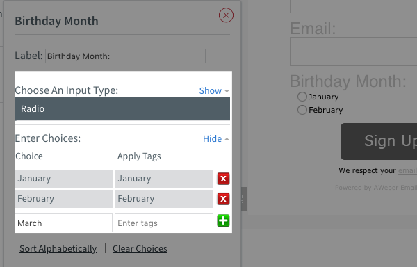 use the radio option and add the months and tags you want