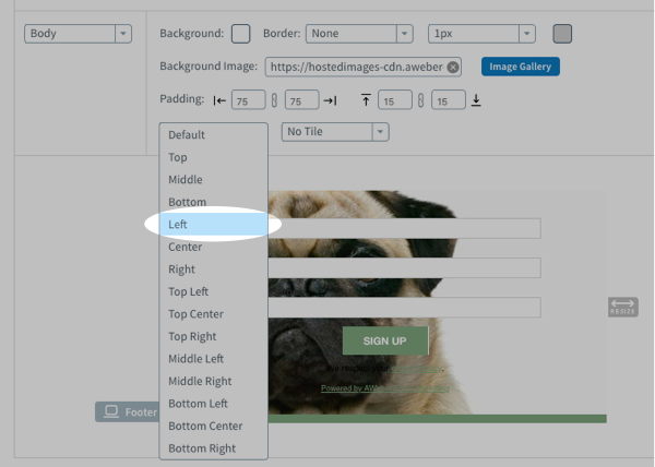 Use the alignment drop-down to left or right align your image