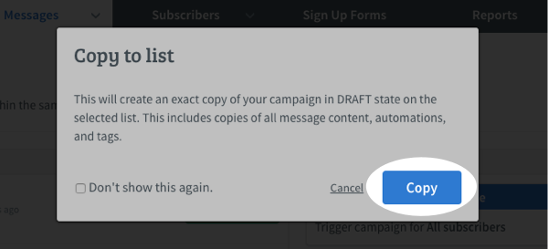 Click Copy on the Copy to List box that appears