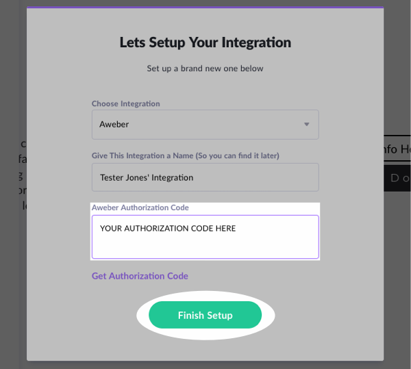 Paste your authorization code into the box and click Finish Setup