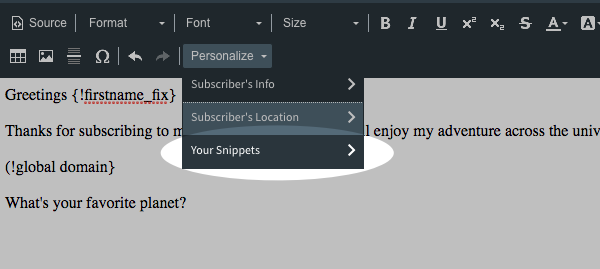 Click Personalize from the toolbar directly above the editor
