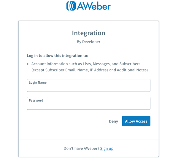 Provide AWeber login credentials