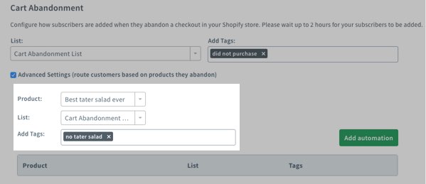 Select product, list and tags