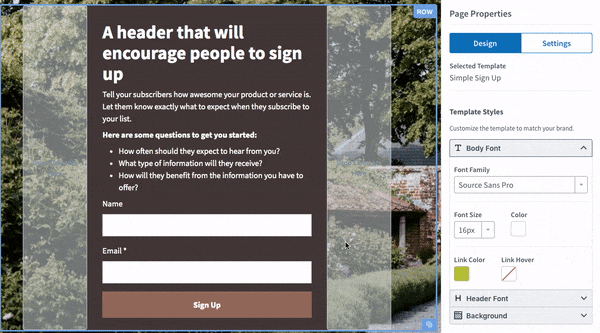 Landing Page Form settings