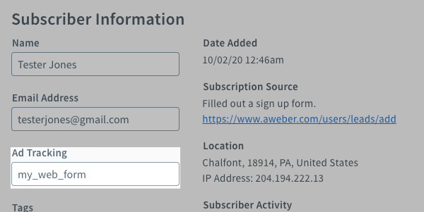 Ad Tracking field