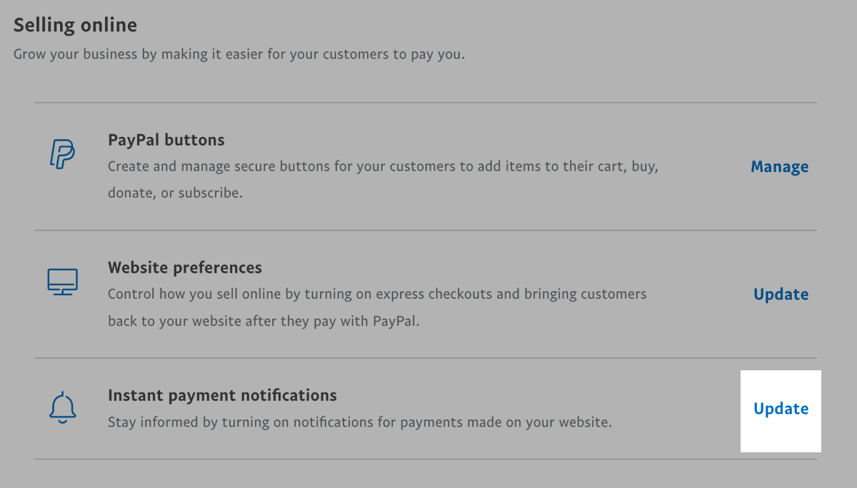 Click Update for Instant payment notifications