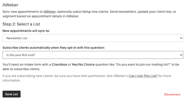 Select AWeber List and choose from second dropdown to add to AWeber. Click Save List Button