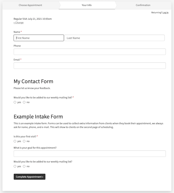 An image of an example Acuity scheduling form