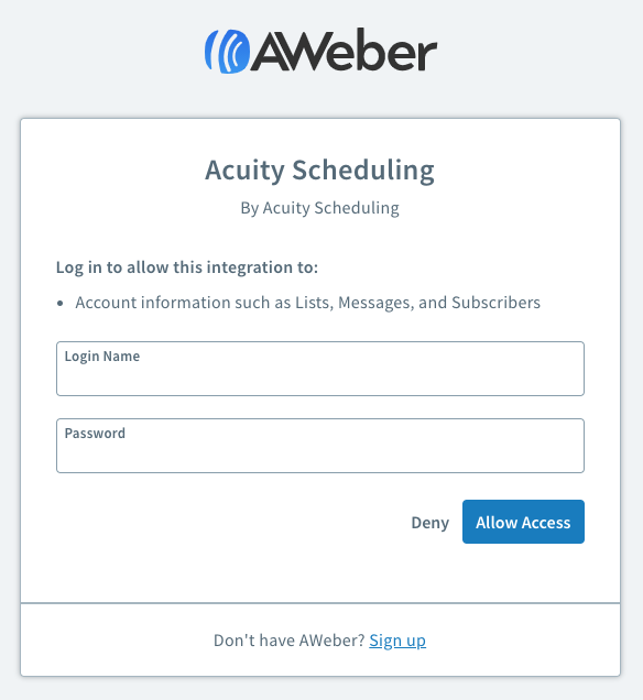 Enter your AWeber credentials and choose Allow Access