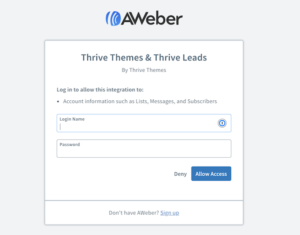 Log Into AWeber using your email and password
