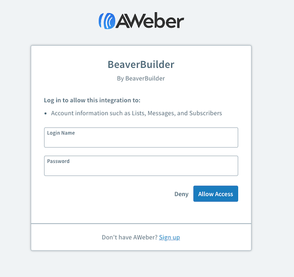 Enter your AWeber login credentials and click Allow Access
