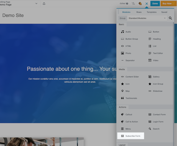 Drag the Subscribe Form action onto your page and view the Subscribe Form