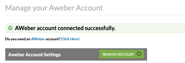 Click Save AWeber Account. A success message will confirm the connection.