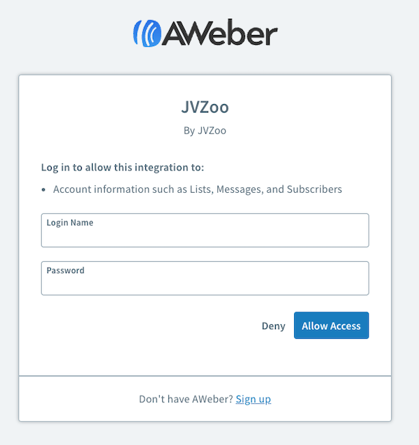 Enter you AWeber login credentials and click Allow Access