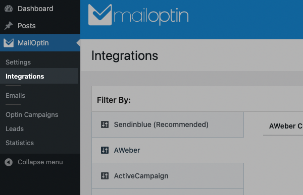 Access the MailOptin plugin in your WordPress account and select the Integrations
  tab