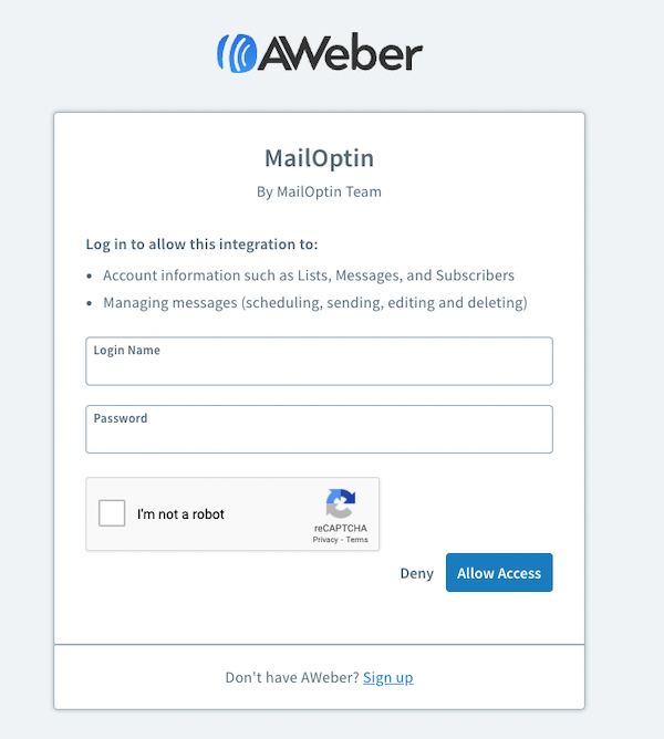 Sign into AWeber with your login credentials and click Allow Access