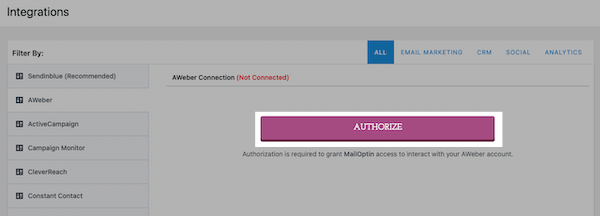 Select AWeber in sidebar list and click Authorize