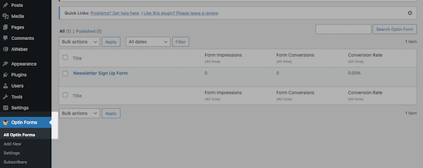 Access the AWeber Forms by Optin Cat plugin within your WordPress account