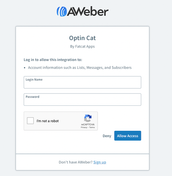 Enter your AWeber login credentials and click Allow Access