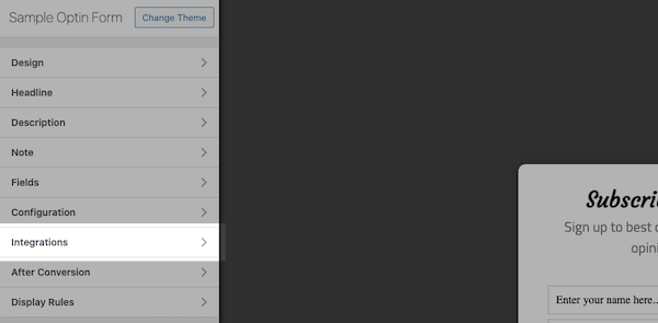 In form settings, click the Integrations tab