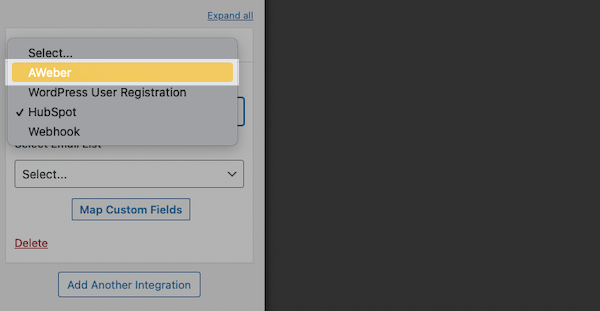 Select the dropdown for the current selected Integration or click Add Another
  Integration if you want to keep the current settings