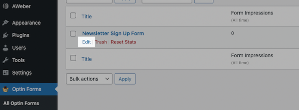 Hover over and click Edit on the form you would like to connect