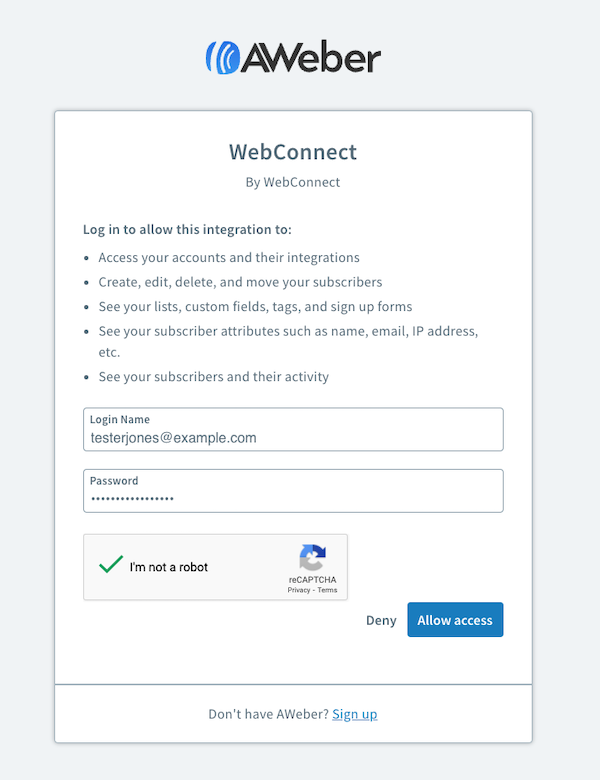 Enter your login credentials, complete the captcha, and click Allow Access.