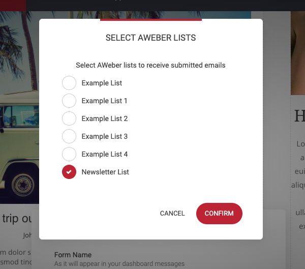 select the list you want subscribers
  added to and click Confirm.
