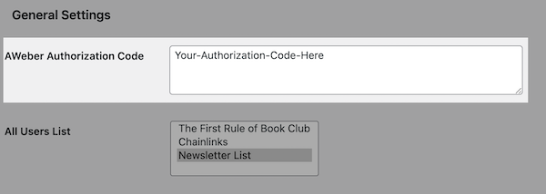 Paste the Authorization Code in the text box for AWeber Authorization Code