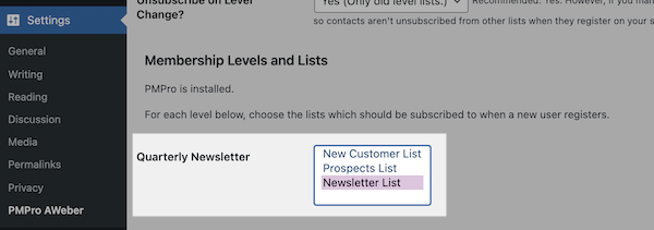 Select which lists you would like
  subscribers added to in AWeber for each Membership Level.