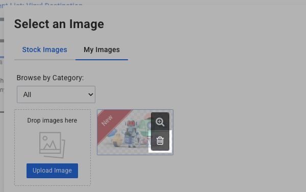 Hover over an image and click the trash can icon