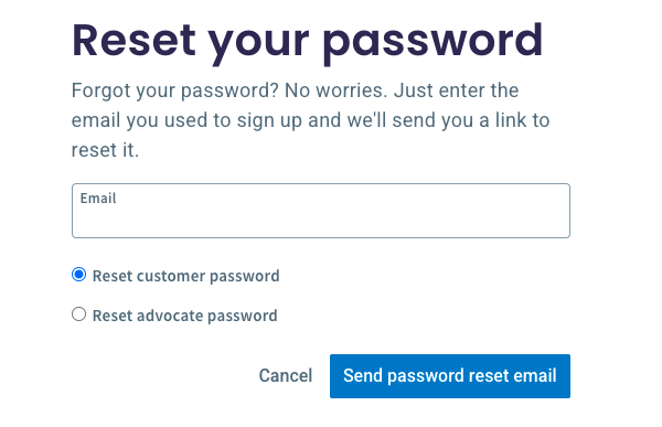 Password reset page