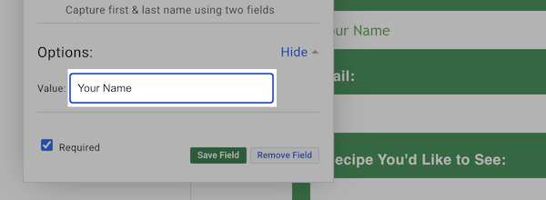 Enter text for the value field